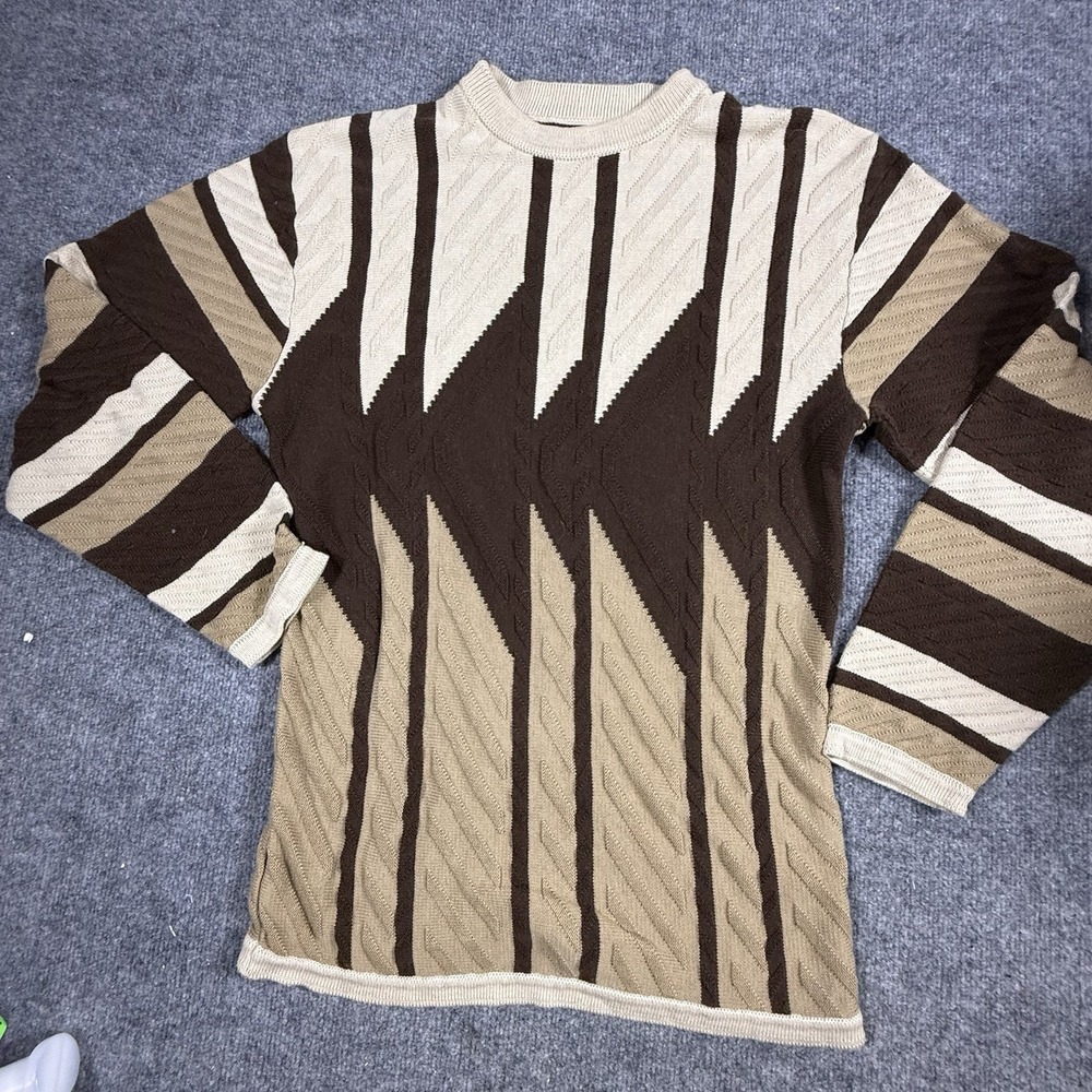 Bergati Knit Sweater Mens Medium Brown Good Vintage 80s Geometric Retro Print
